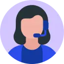 Icon depicting a female customer service representative with a headset, shown from the shoulders up, set against a purple background.