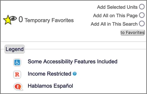 A screenshot of a website section shows 'Temporary Favorites' with zero count. There are options to 'Add Selected Units,' 'Add All on This Page,' and 'Add All in This Search' to favorites. Below is a legend with symbols for accessibility features, income restriction, and Spanish support.
